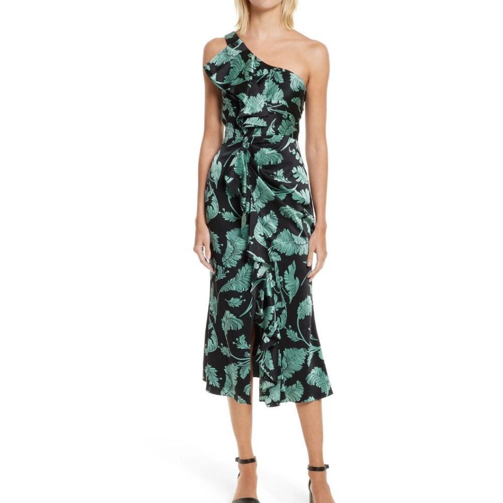 Cinq a Sept One Shoulder Palm Leaf Print Silk Dress Size 6